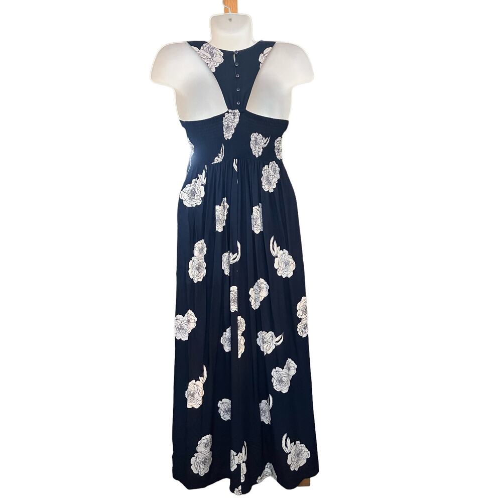 JAPNA Women's Navy Cream Floral Print Smocked Waist Maxi Boho Feminine Dress XS - Picture 6 of 10